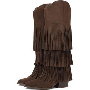 Women's Brown Retro Pointed Toe Pull On Block Chunky Heel Fringe Country